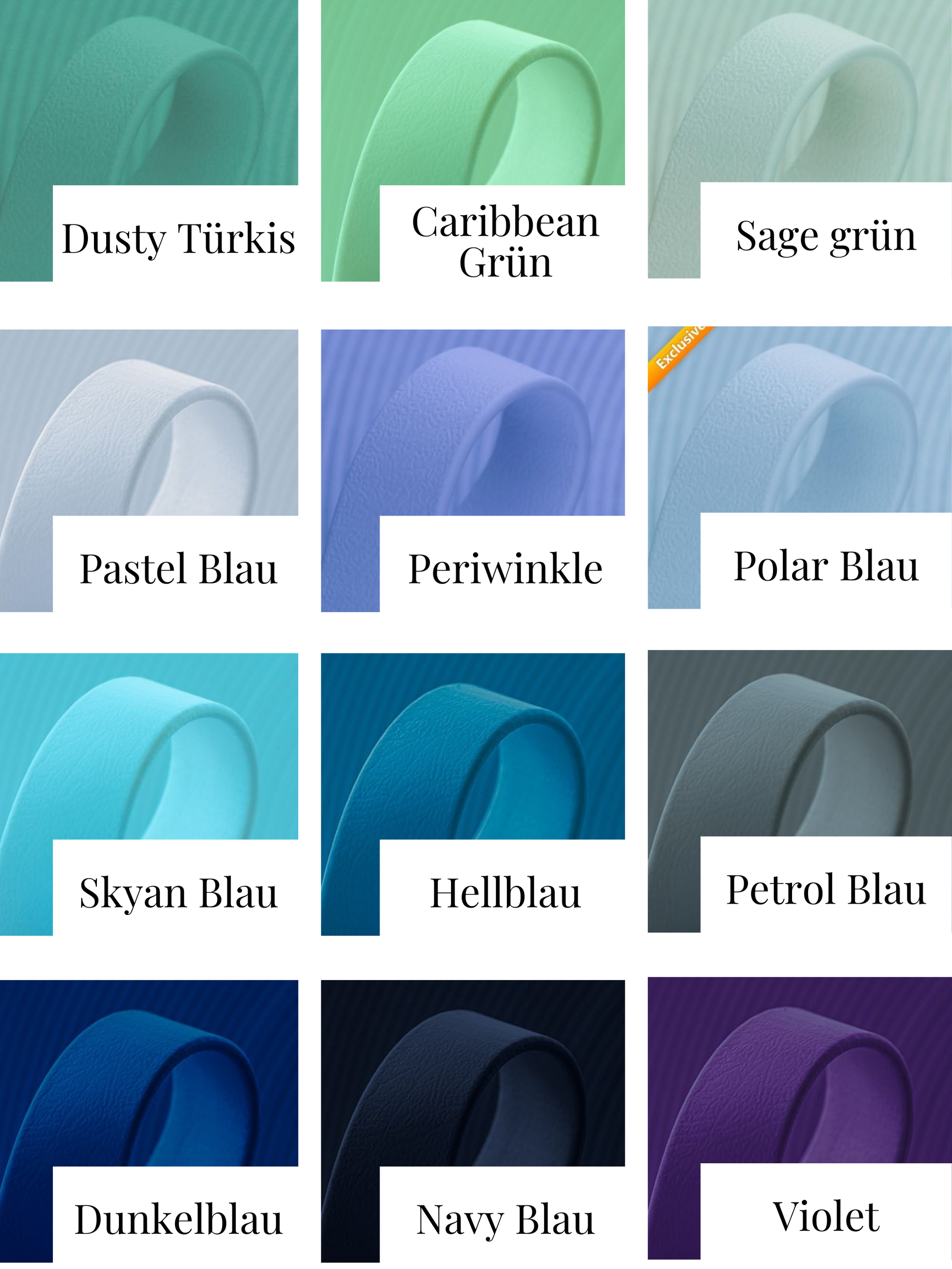 BioThane Farb­katalog für Hundehalsbänder und Leinen, 9–38 mm Breite, Farbtöne von Grün, Blau bis Lila, Übersicht aller verfügbaren Wunschfarben für personalisierte Halsbänder und Leinen.