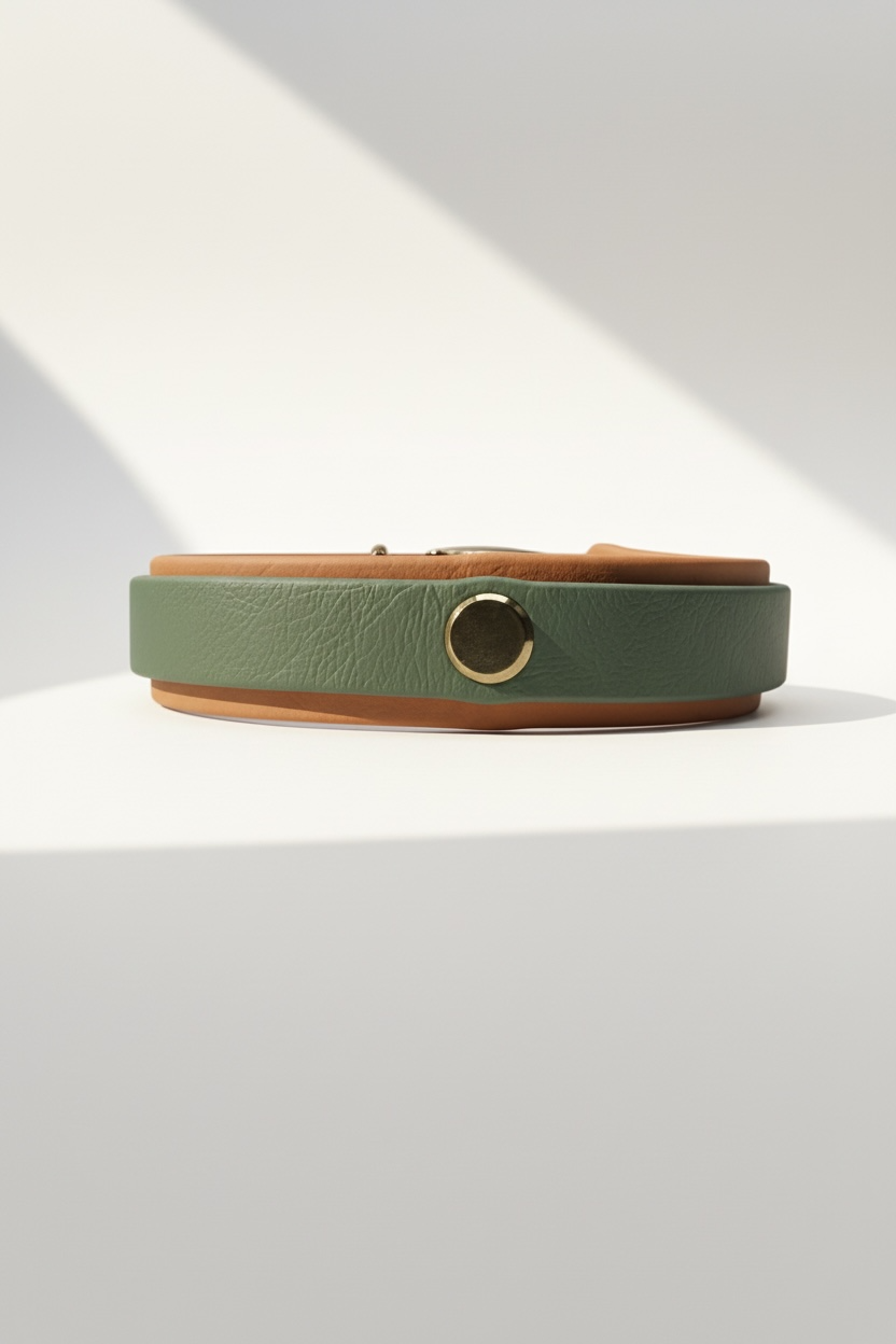 Handgemachtes Biothane Hundehalsband in Salbeigrün mit goldenem Glimmer – Rückansicht des individuell konfigurierbaren Halsbands mit Gold-Beschlägen
