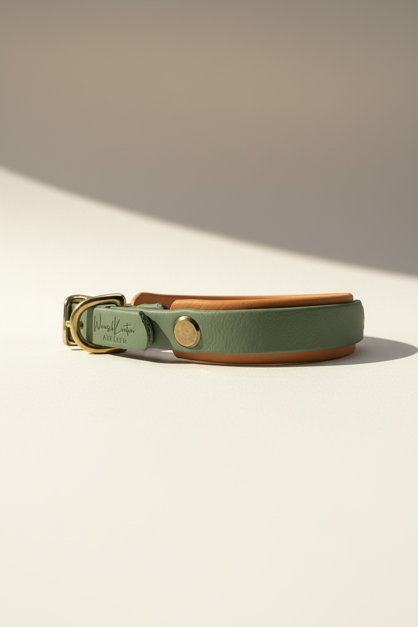 Handgemachtes Biothane Hundehalsband in Salbeigrün mit goldenem Glimmer – schräge Rückansicht des individuell konfigurierbaren Halsbands mit Gold-Beschlägen
