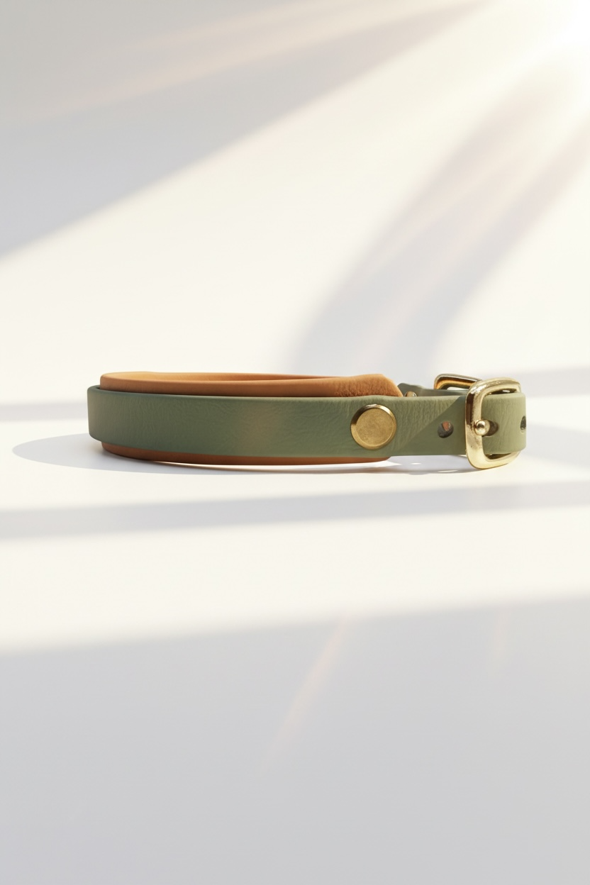 Handgemachtes Biothane Hundehalsband in Salbeigrün mit goldenem Glimmer – Seitenansicht des individuell konfigurierbaren Halsbands mit Gold-Beschlägen