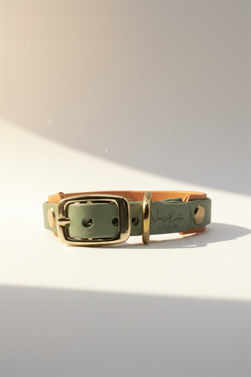 Handgemachtes Biothane Hundehalsband in Salbeigrün mit goldenem Glimmer – Vorderansicht des individuell konfigurierbaren Halsbands mit Gold-Beschlägen
