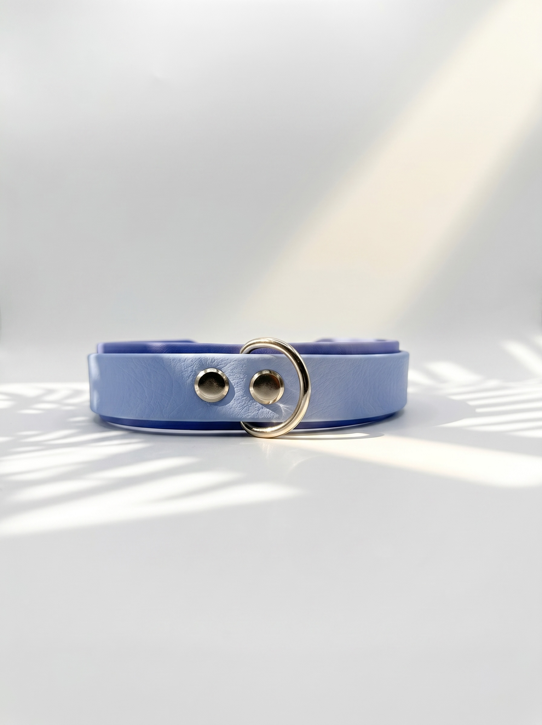 Rückseite eines handgefertigten BioThane Hundehalsbands in Polar Blau und Periwinkle mit silbernem D-Ring – wasserfest, pflegeleicht und individuell anpassbar.