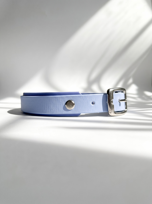Seitenansicht eines handgefertigten BioThane Hundehalsbands in Polar Blau und Periwinkle mit silbernen Beschlägen – wasserfest, pflegeleicht und individuell anpassbar für kleine und große Hunde.