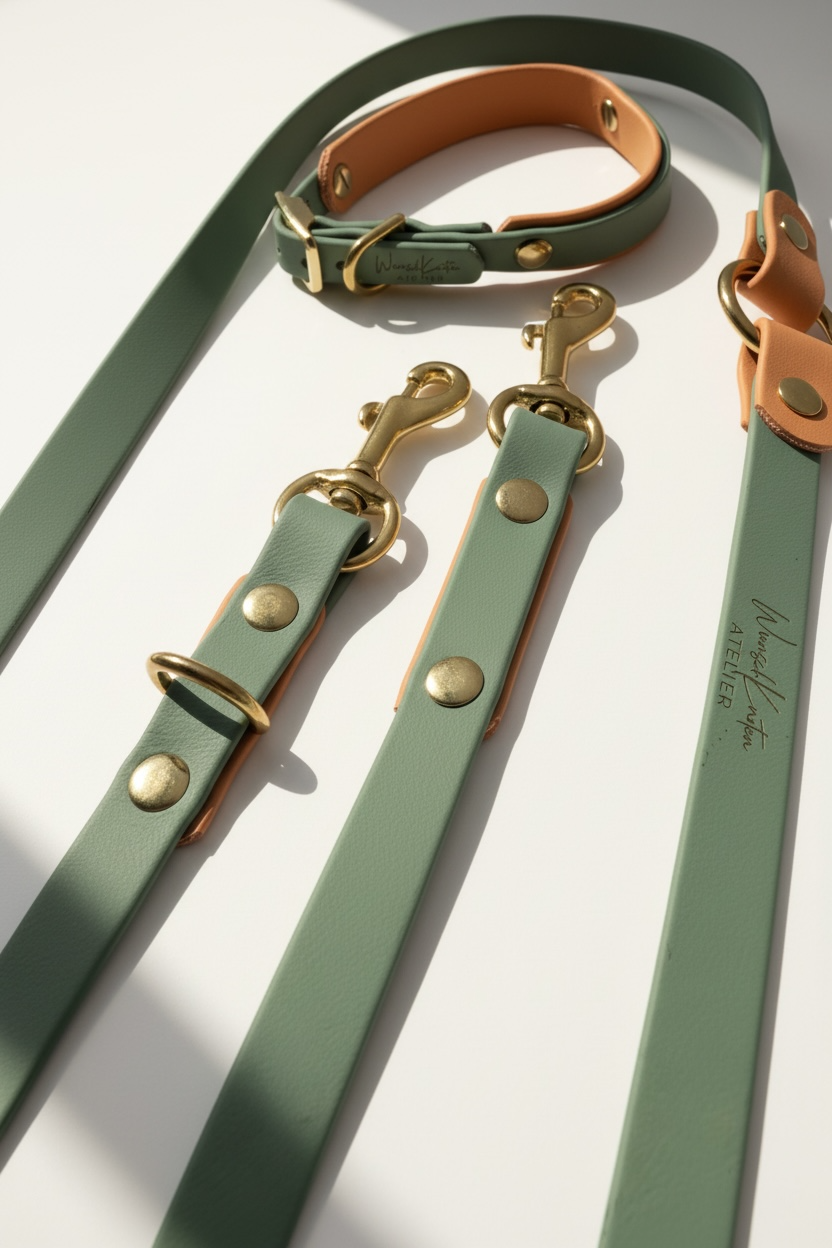 Handgemachtes Biothane Hundeleine und Halsband Set in Salbeigrün mit goldenem Glimmer – komplette Ansicht des Halsbands und Detailaufnahme der individuell konfigurierbaren Leine mit Gold-Beschlägen
