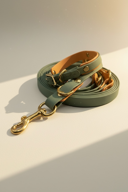 Handgemachtes Biothane Hundeleine und Halsband Set in Salbeigrün mit goldenem Glimmer – Seitenansicht des individuell konfigurierbaren Sets mit Gold-Beschlägen