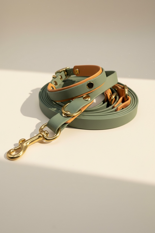 Handgemachtes Biothane Hundeleine und Halsband Set in Salbeigrün mit goldenem Glimmer – Rückansicht des individuell konfigurierbaren Sets mit Gold-Beschlägen