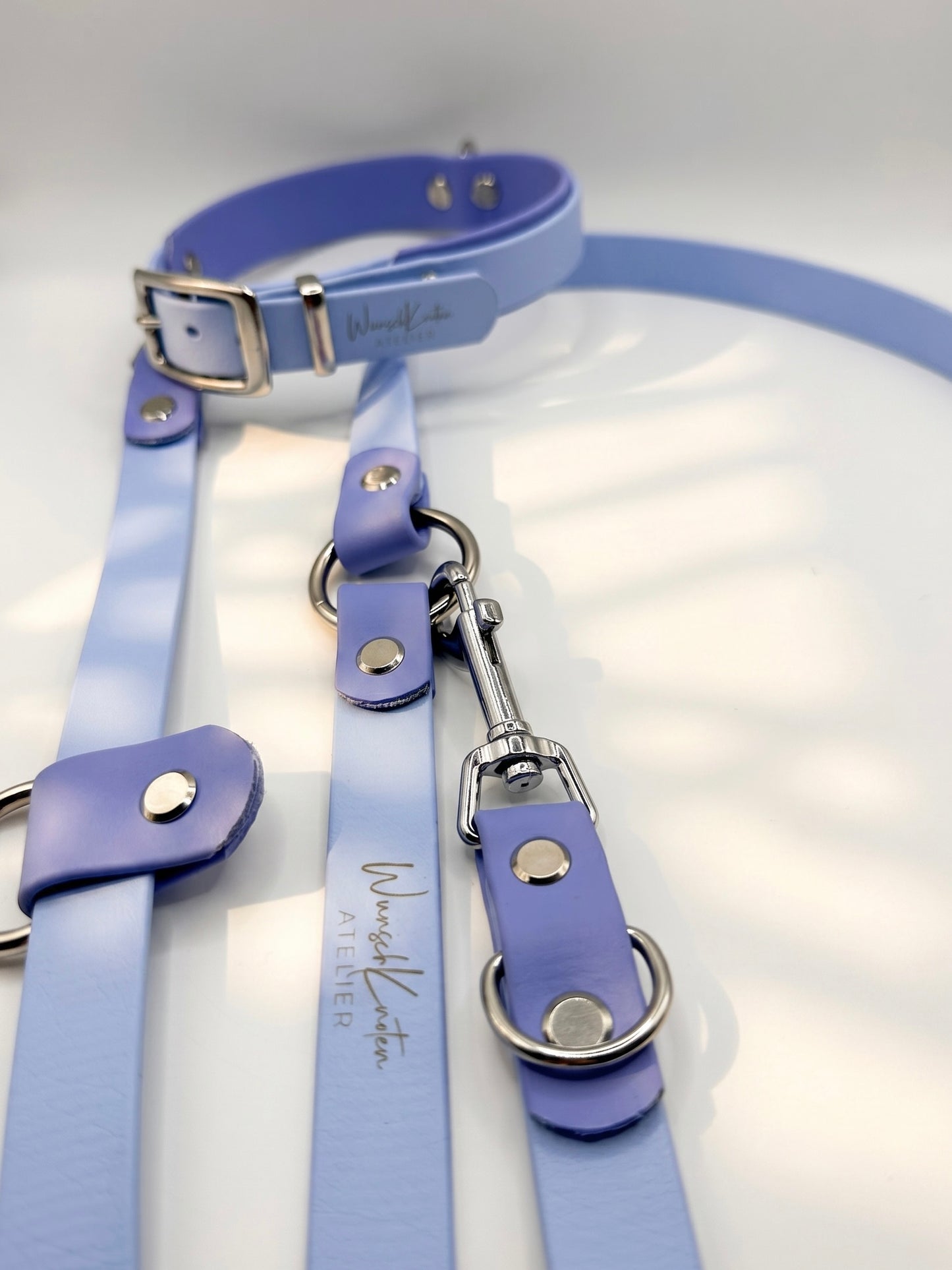 Detailaufnahme einer handgefertigten BioThane Hundeleine und eines Hundehalsbands in Polar Blau und Periwinkle mit silbernen Beschlägen – hochwertige Verarbeitung, verstellbare Leine und langlebige Materialien für kleine und große Hunde.