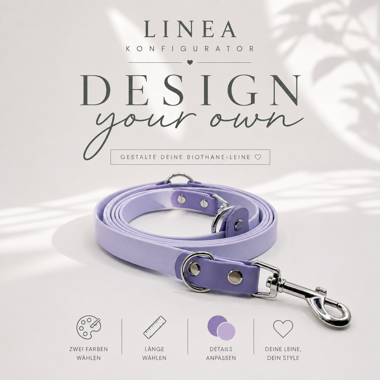 LINEA Konfigurator für zweifarbige BioThane Hundeleinen – individuell gestaltbare Hundeleine mit frei wählbaren Farben, Beschlägen, Länge und Karabiner.