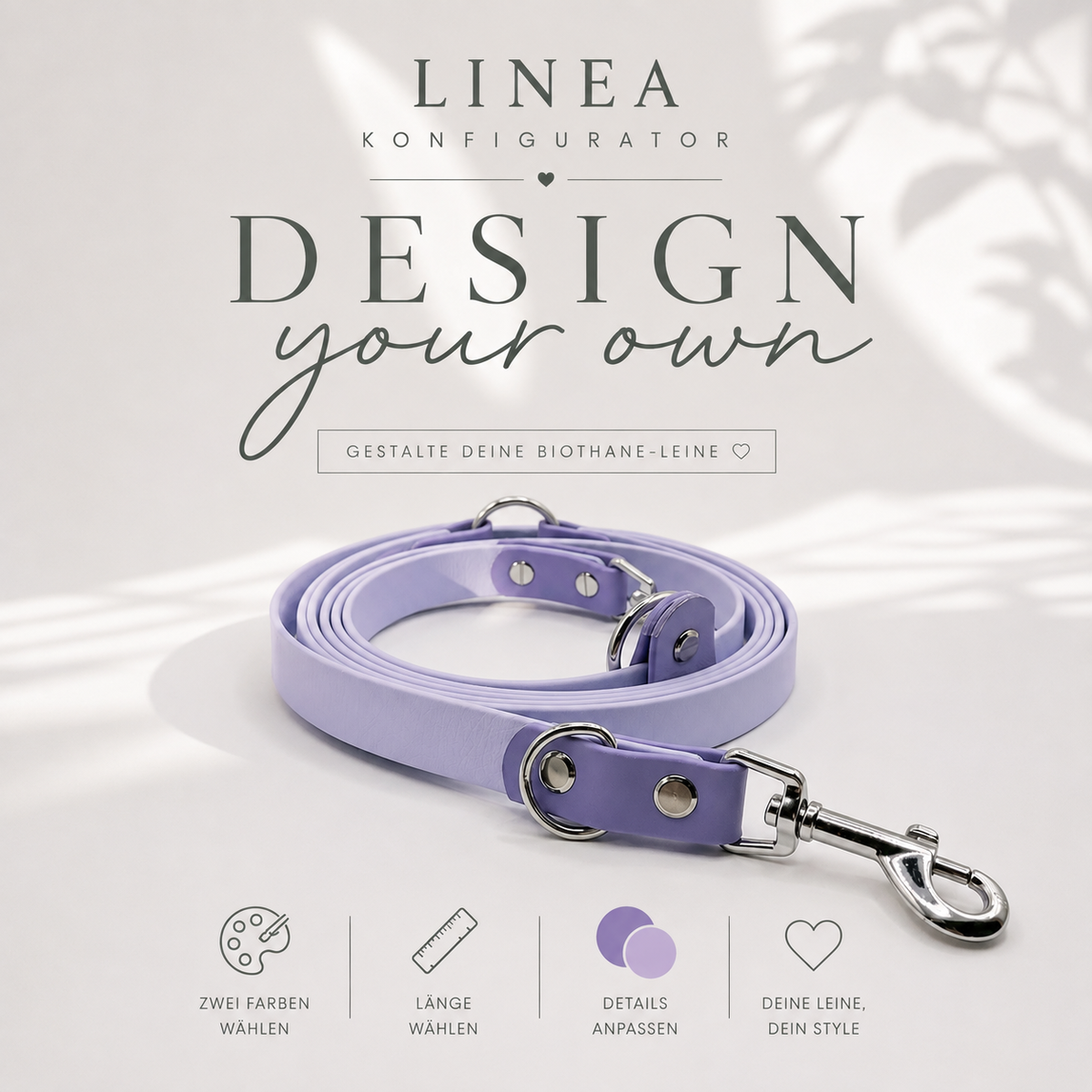 LINEA Konfigurator für zweifarbige BioThane Hundeleinen – individuell gestaltbare Hundeleine mit frei wählbaren Farben, Beschlägen, Länge und Karabiner.