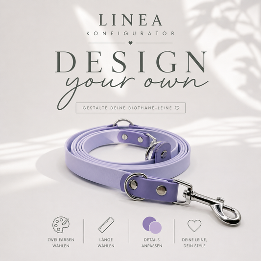 LINEA Konfigurator für zweifarbige BioThane Hundeleinen – individuell gestaltbare Hundeleine mit frei wählbaren Farben, Beschlägen, Länge und Karabiner.
