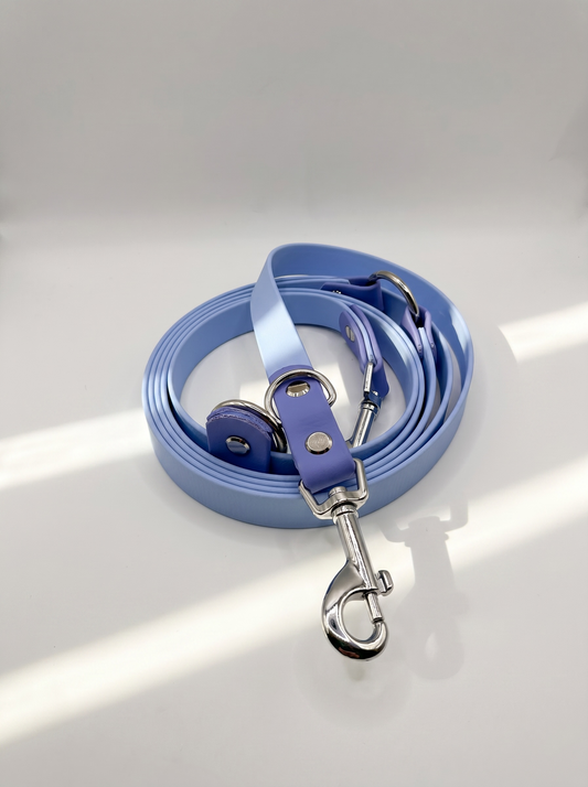 Draufsicht einer handgefertigten BioThane Hundeleine in Polar Blau und Periwinkle mit silbernen Beschlägen – verstellbar, wasserfest, pflegeleicht und langlebig für kleine und große Hunde.