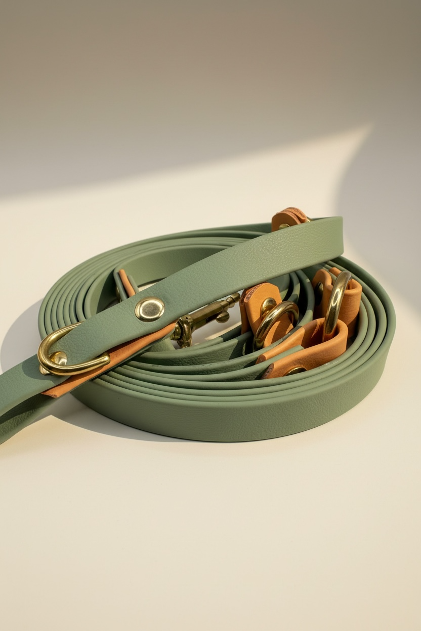 Detailaufnahme der handgemachten Biothane Hundeleine in Salbeigrün mit goldenem Glimmer – individuell konfigurierbare Leine mit Gold-Beschlägen