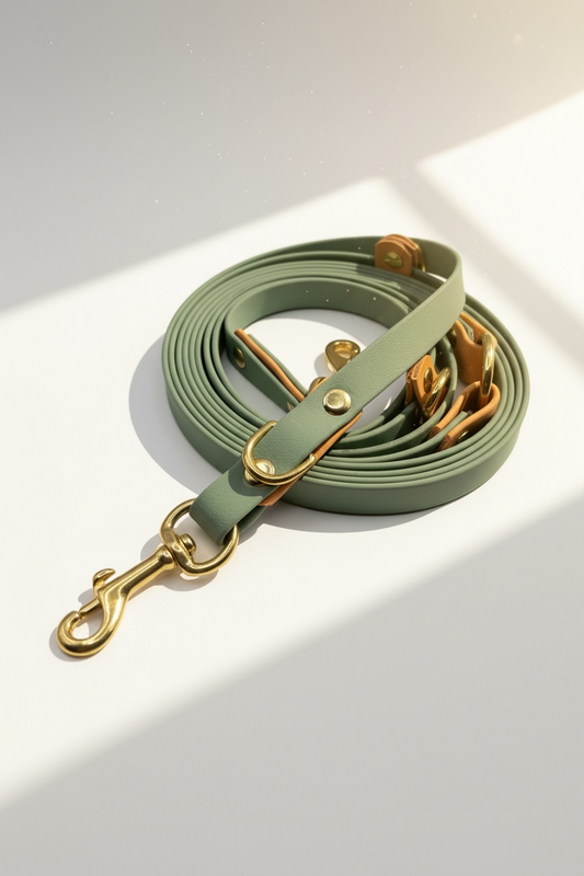 Handgemachte Biothane Hundeleine in Salbeigrün mit goldenem Glimmer – Draufsicht der individuell konfigurierbaren Leine mit Gold-Beschlägen