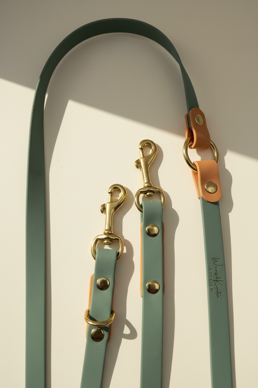 Detailaufnahme der handgemachten Biothane Hundeleine in Salbeigrün mit goldenem Glimmer – Fokus auf Gold-Karabiner und Verstellmöglichkeiten der individuell konfigurierbaren Leine