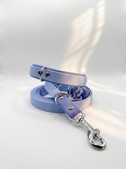 Handgefertigtes BioThane Hundehalsband mit passender Hundeleine in Polar Blau und Periwinkle mit silbernen Beschlägen – robust, wasserfest und individuell anpassbar.