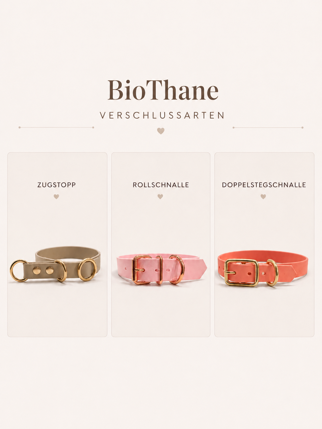 Vergleich der BioThane Verschlussarten Zugstopp, Rollschnalle und Doppelstegschnalle für individuell gefertigte Hundehalsbänder