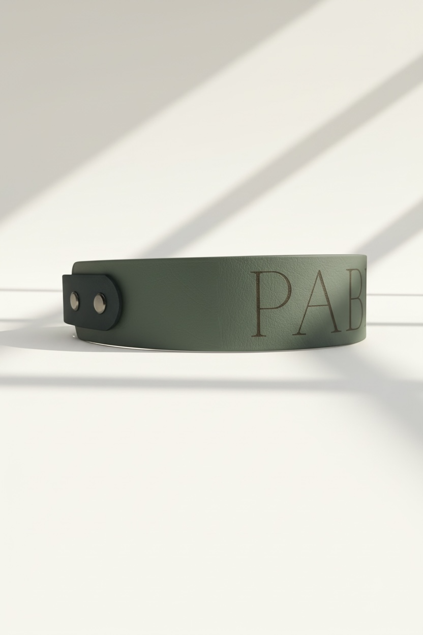 Seitenansicht des Engraved Everyday Hundehalsbands mit sichtbarem Übergang zwischen zwei BioThane-Farben in unterschiedlichen Breiten.