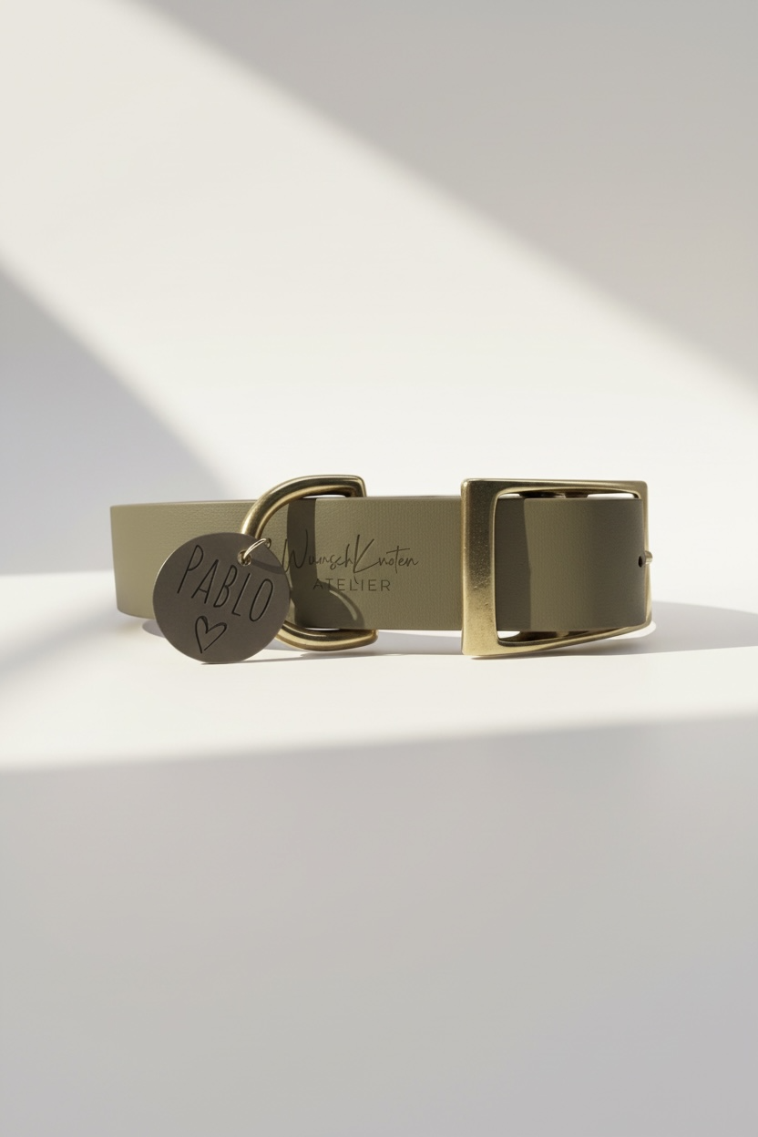 Seitenansicht des Engraved-Minimal Hundehalsbands aus einfarbigem BioThane mit sichtbarer Namensgravur.