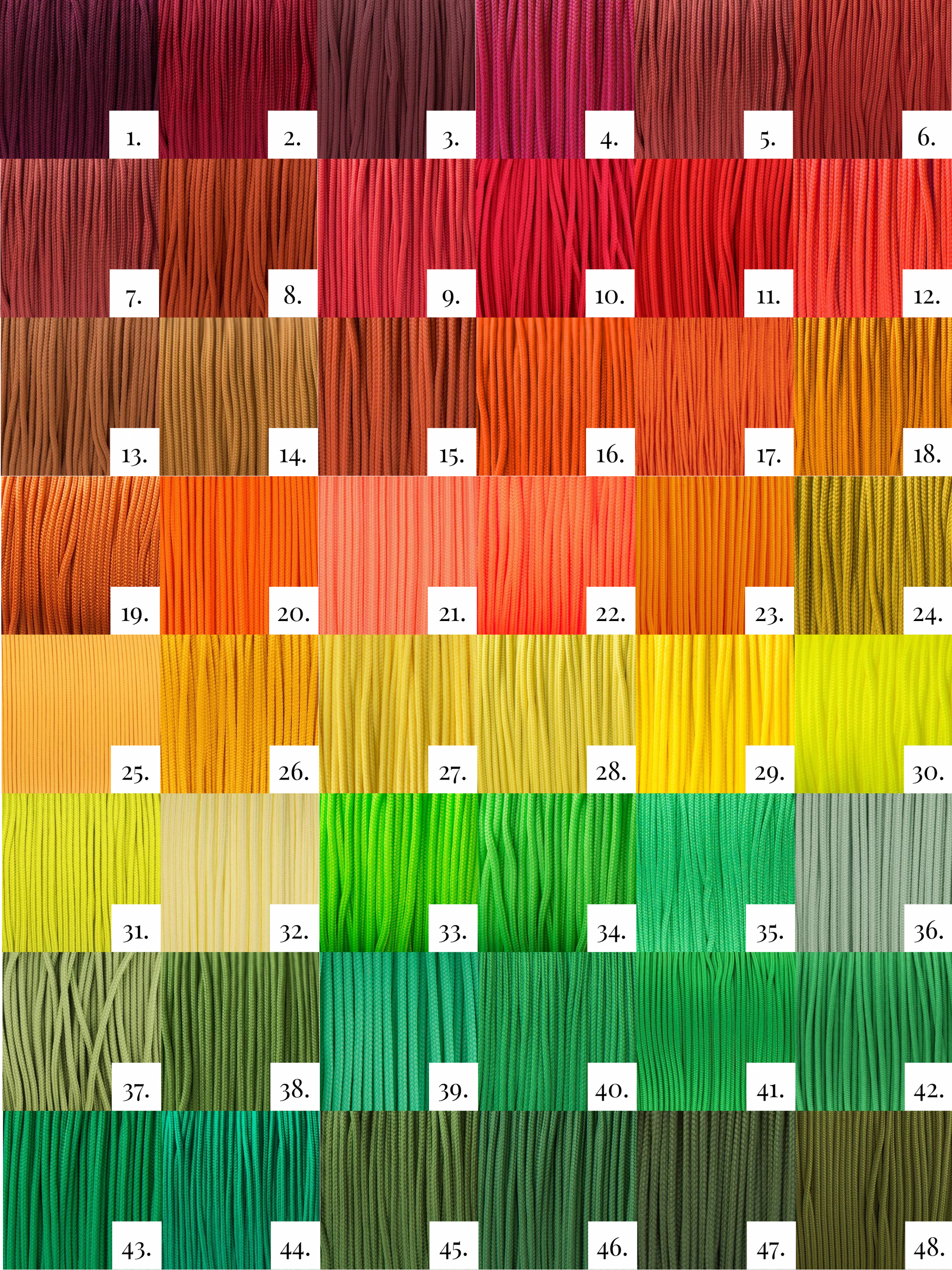Farbkatalog Paracord Seil Typ 1. Farben 1-48