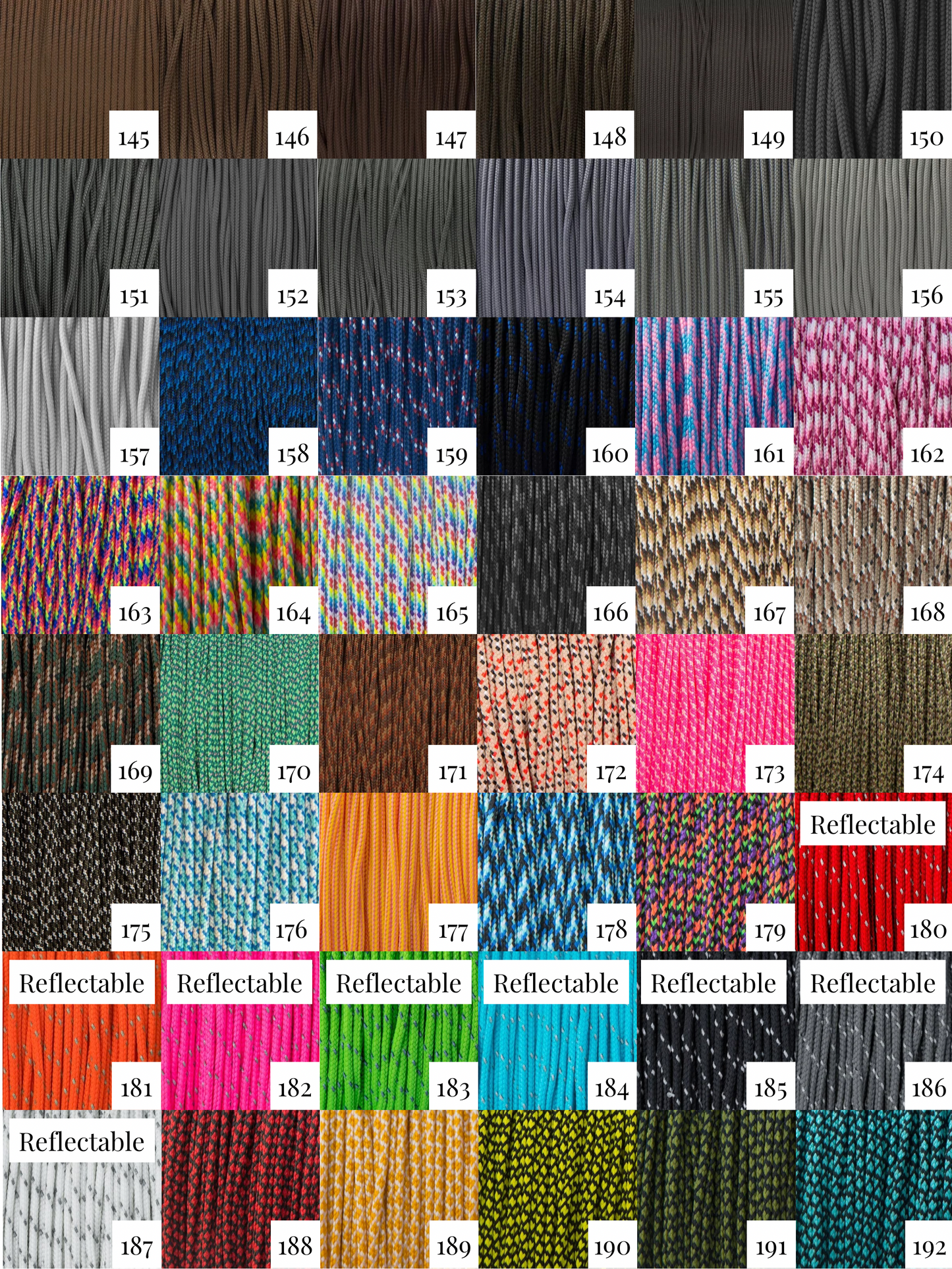 Farbkatalog Paracord Seil Typ 1. Farben 145-192