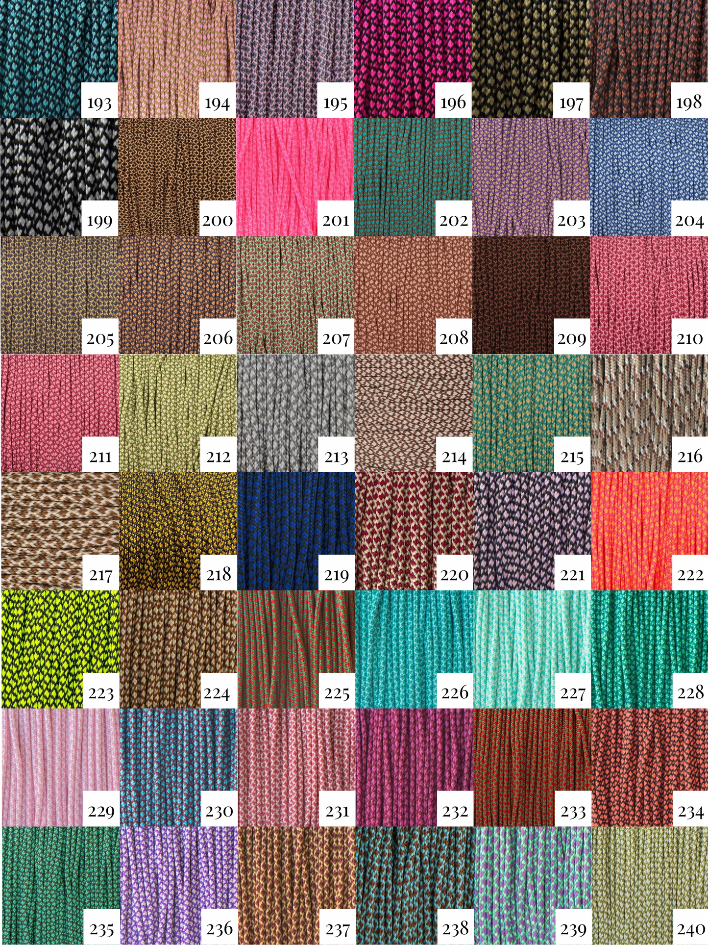 Farbkatalog Paracord Seil Typ 1. Farben 193-240