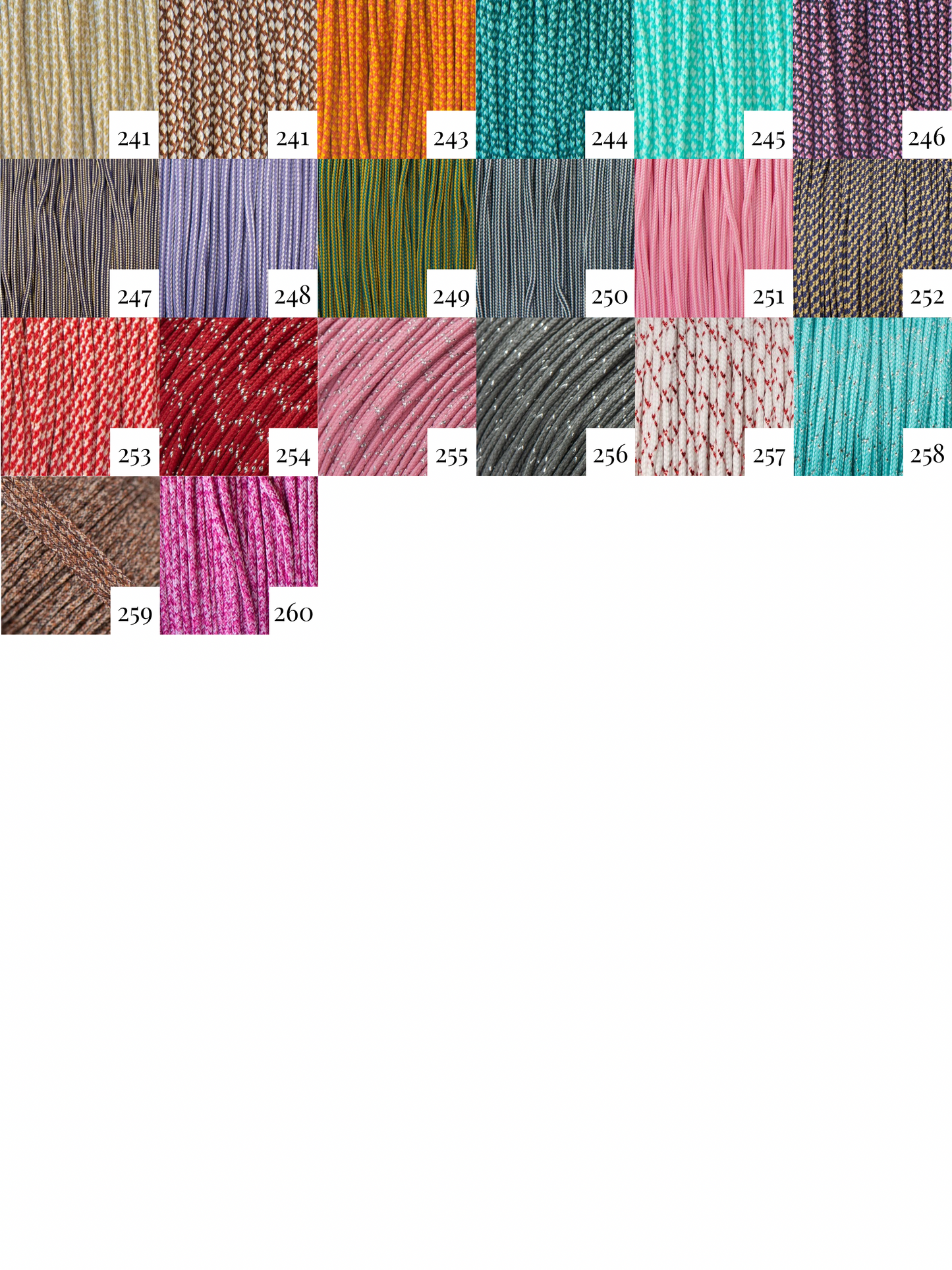 Farbkatalog Paracord Seil Typ 1. Farben 241-260