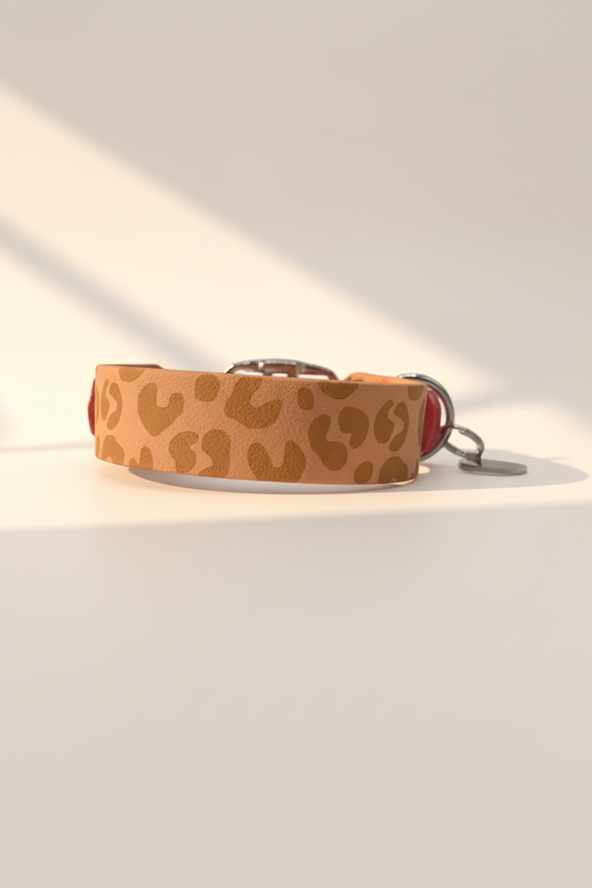 Rückansicht des individuell designbaren Leo-Everyday Halsbands aus BioThane mit gut sichtbarem Leo-Print.