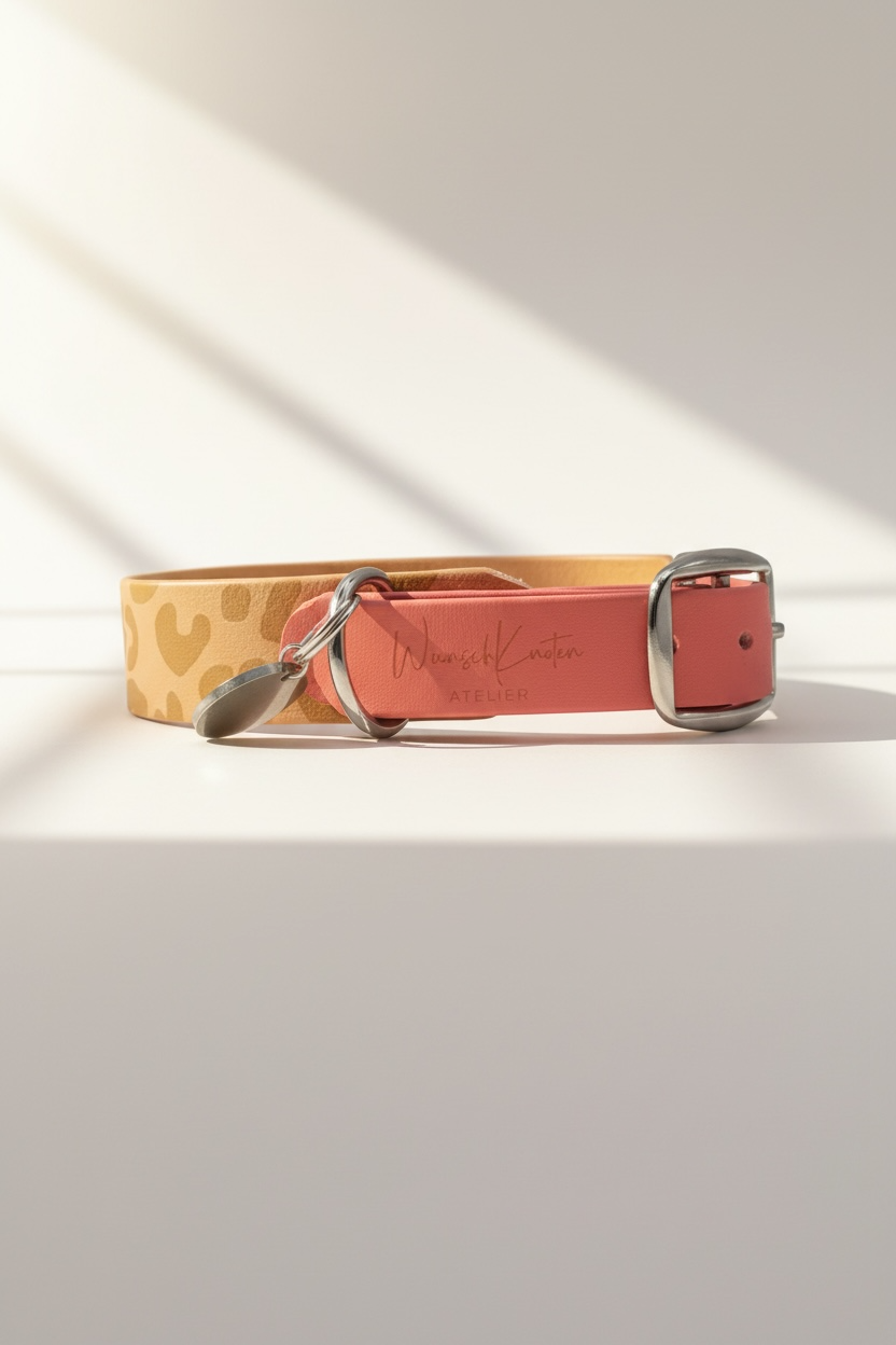 Seitenansicht des Leo-Everyday Hundehalsbands mit BioThane-Verschluss und individueller Namensgravur.