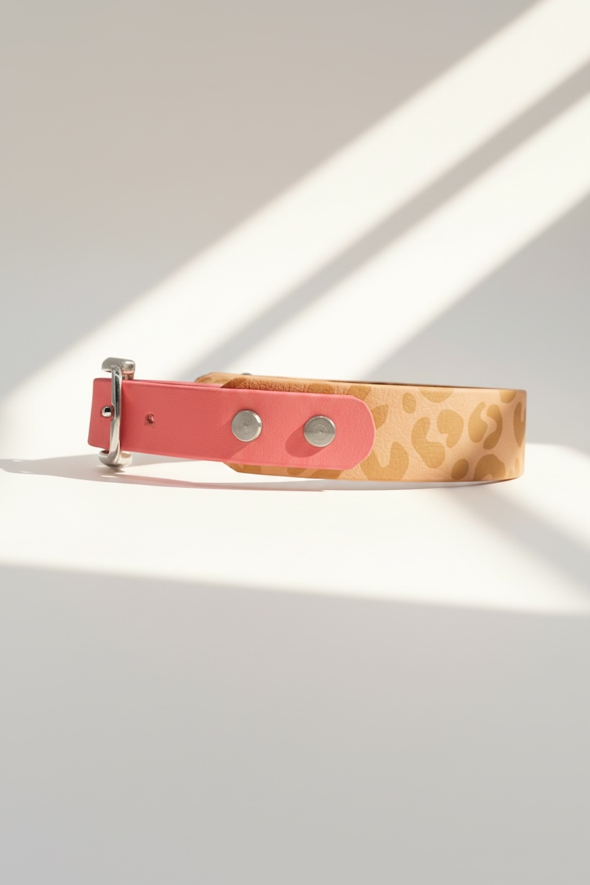 Seitenansicht des Leo-Everyday Hundehalsbands mit sichtbarem Übergang zwischen Leo-Print BioThane und einfarbigem BioThane am Verschluss.