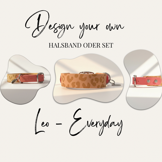 Titelbild des individuell gestaltbaren Leo-Everyday Hundehalsbands aus Leo-Print BioThane mit Verschluss aus einfarbiger BioThane.