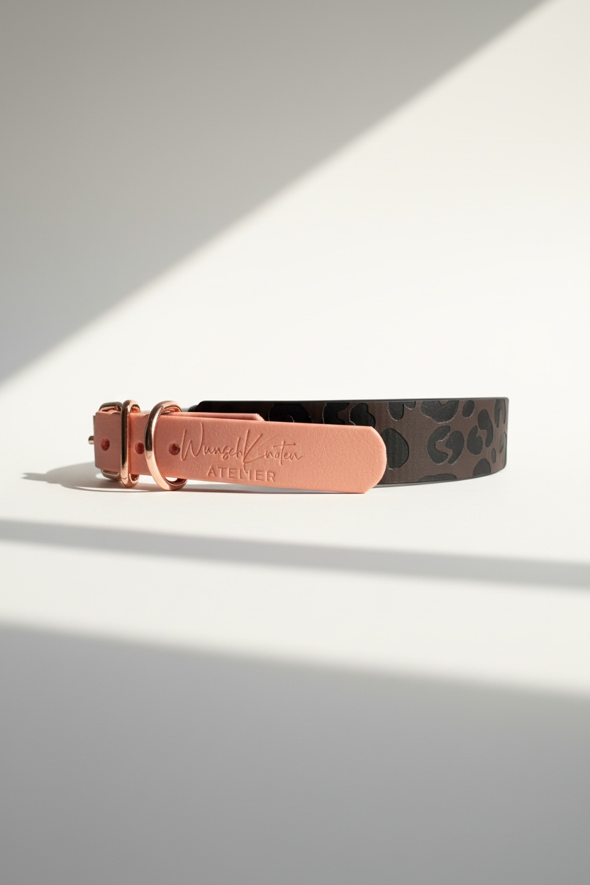 Handgemachtes Leo Everyday Hundehalsband aus Leder mit dunkelbraunem Leoprint und roségoldenen Details, Seitenansicht mit graviertem Wunschknoten Atelier Logo, hochwertiges und personalisierbares Designer Hundehalsband