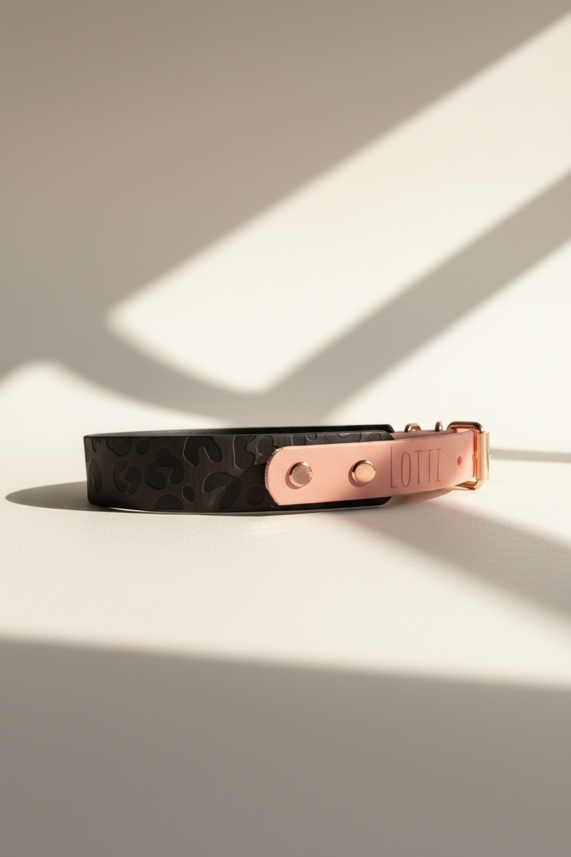 Handgemachtes Leo Everyday Hundehalsband aus Leder mit dunkelbraunem Leoprint und roségoldenen Lederdetails, Rückansicht mit sichtbaren Leo-Elementen und individueller Namensgravur, personalisierbares Designer Hundehalsband von Wunschknoten Atelier