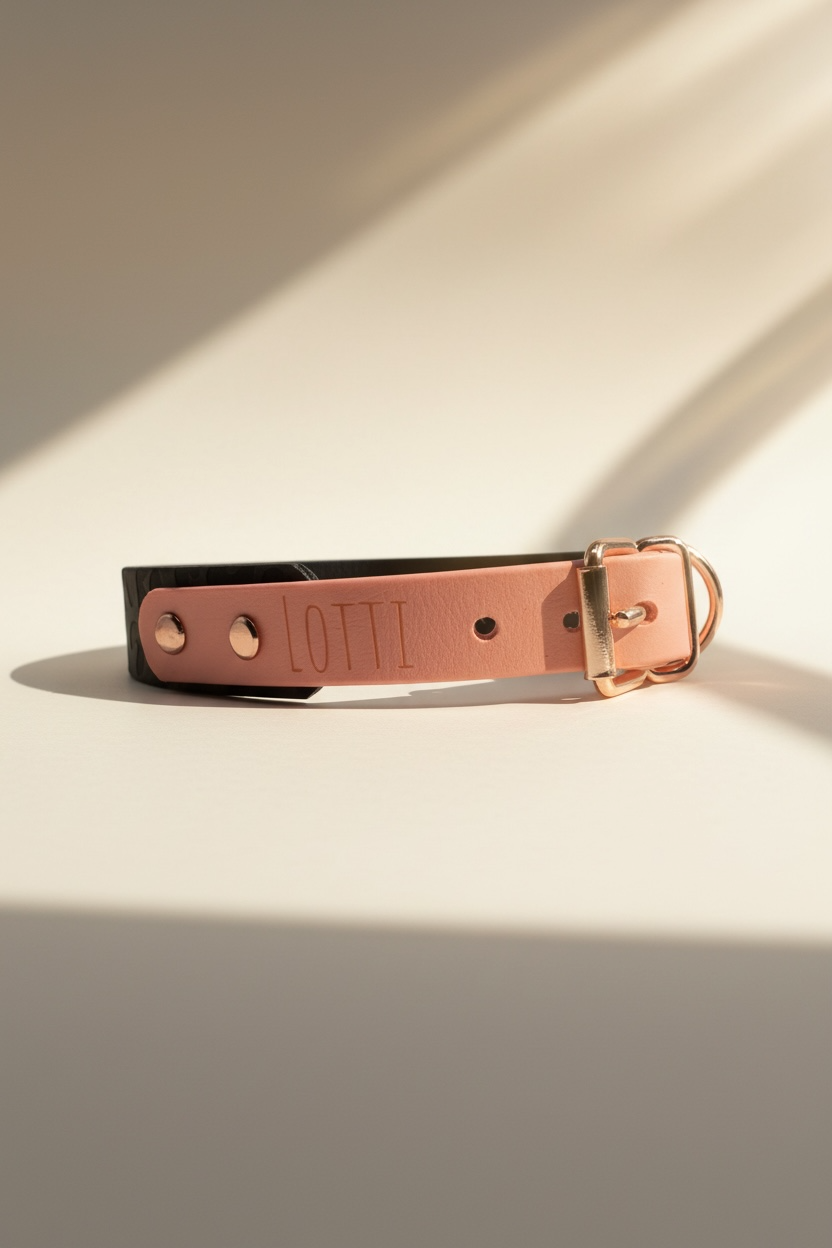 Handgemachtes Leo Everyday Hundehalsband aus Leder mit dunkelbraunem Leoprint und roségoldenen Details, Seitenansicht mit individueller Namensgravur und Wunschknoten Atelier Logo, personalisierbares Designer Hundehalsband