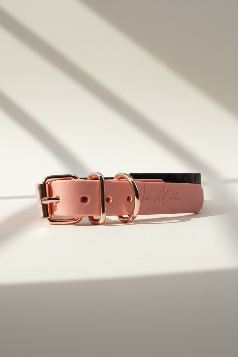 Leo Everyday Hundehalsband mit dunkelbraunem Leoprint und roségoldener Rollschnalle, handgemachtes Designer Hundehalsband mit Wunschknoten Atelier Logo