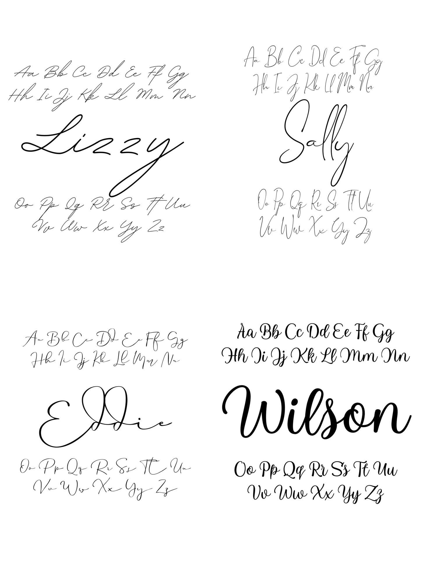 Übersicht der verfügbaren Schriftarten für personalisierte Hundehalsbänder, mit Beispielnamen Lizzy, Sally, Eddie und Wilson, individuell gravierbar auf Halsband oder Leine.