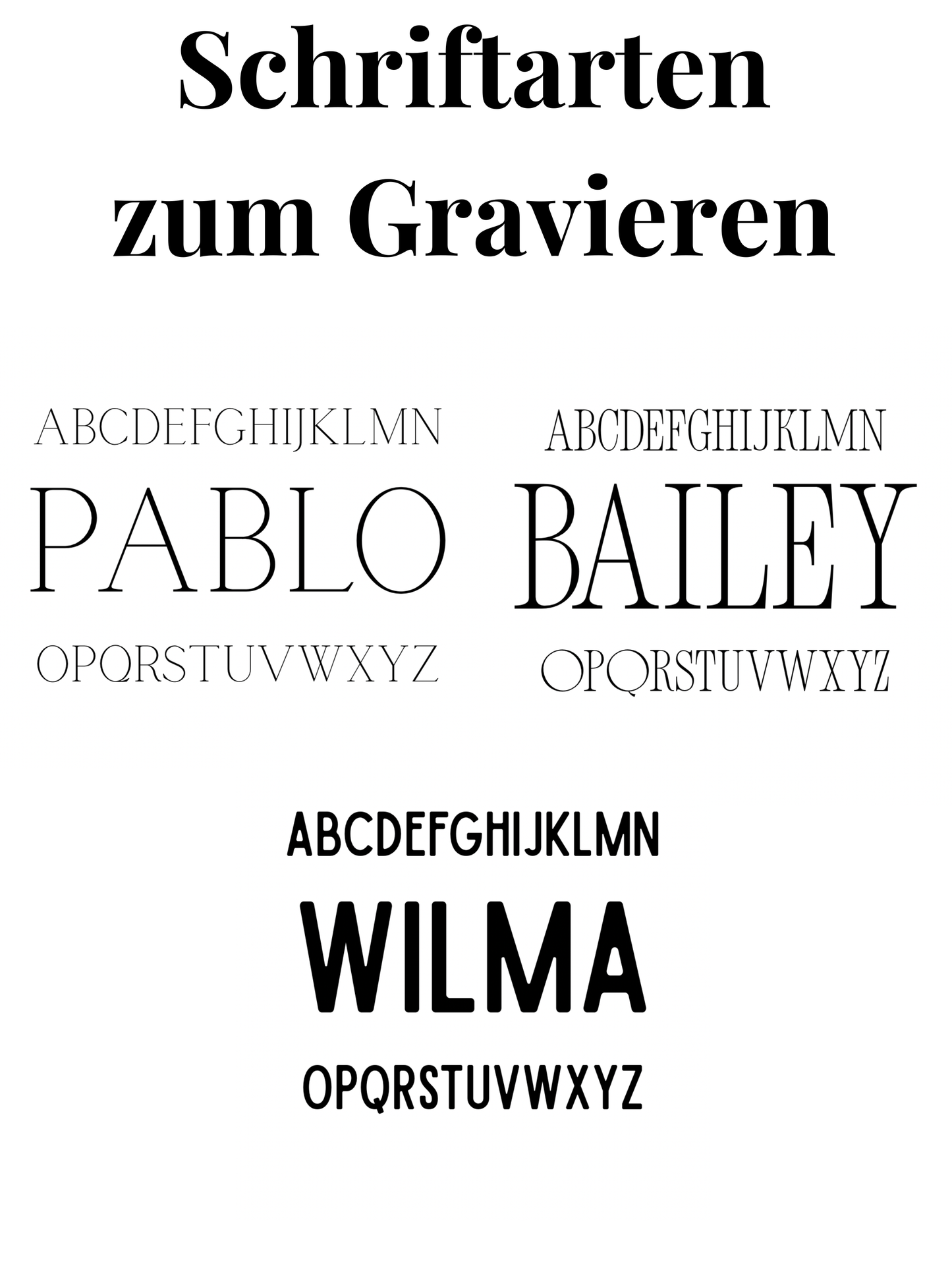 Übersicht der verfügbaren Schriftarten für personalisierte Hundehalsbänder, mit Beispielnamen Pablo, Bailey und Wilma, individuell gravierbar auf Halsband oder Leine.