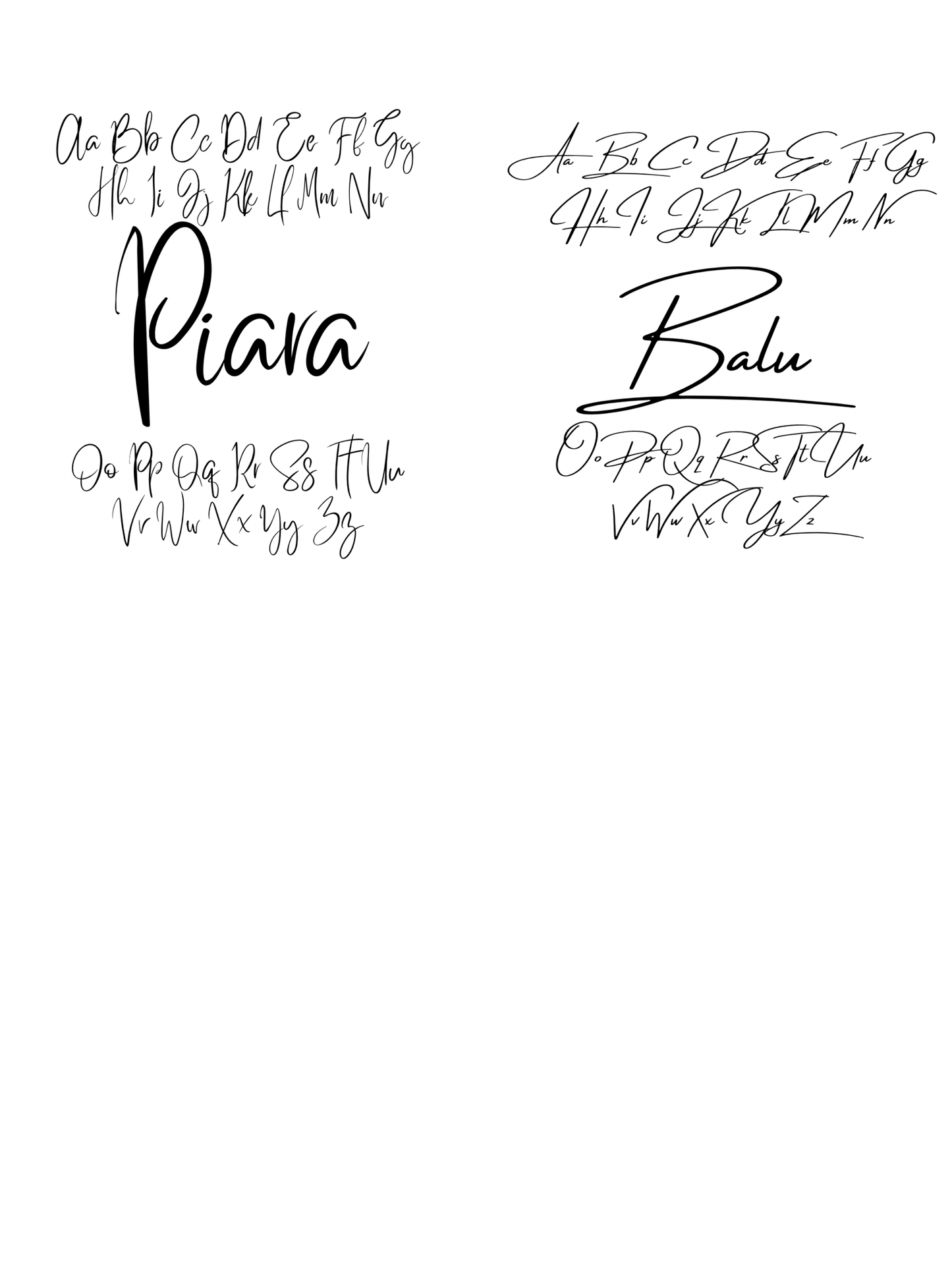 Übersicht der verfügbaren Schriftarten für personalisierte Hundehalsbänder, mit Beispielnamen Piara und Balu, individuell gravierbar auf Halsband oder Leine.