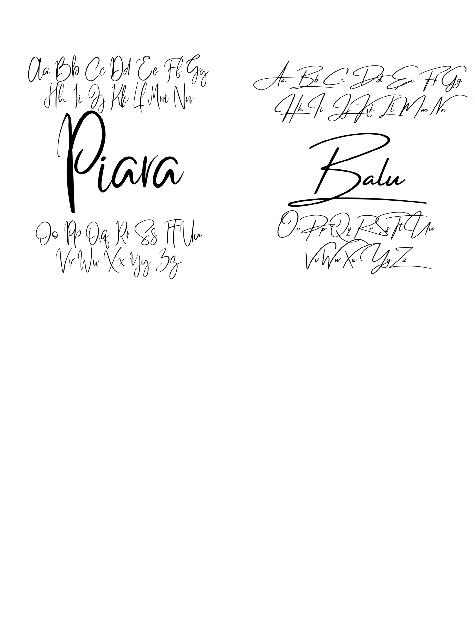 Übersicht der verfügbaren Schriftarten für personalisierte Hundehalsbänder, mit Beispielnamen Piara und Balu, individuell gravierbar auf Halsband oder Leine.