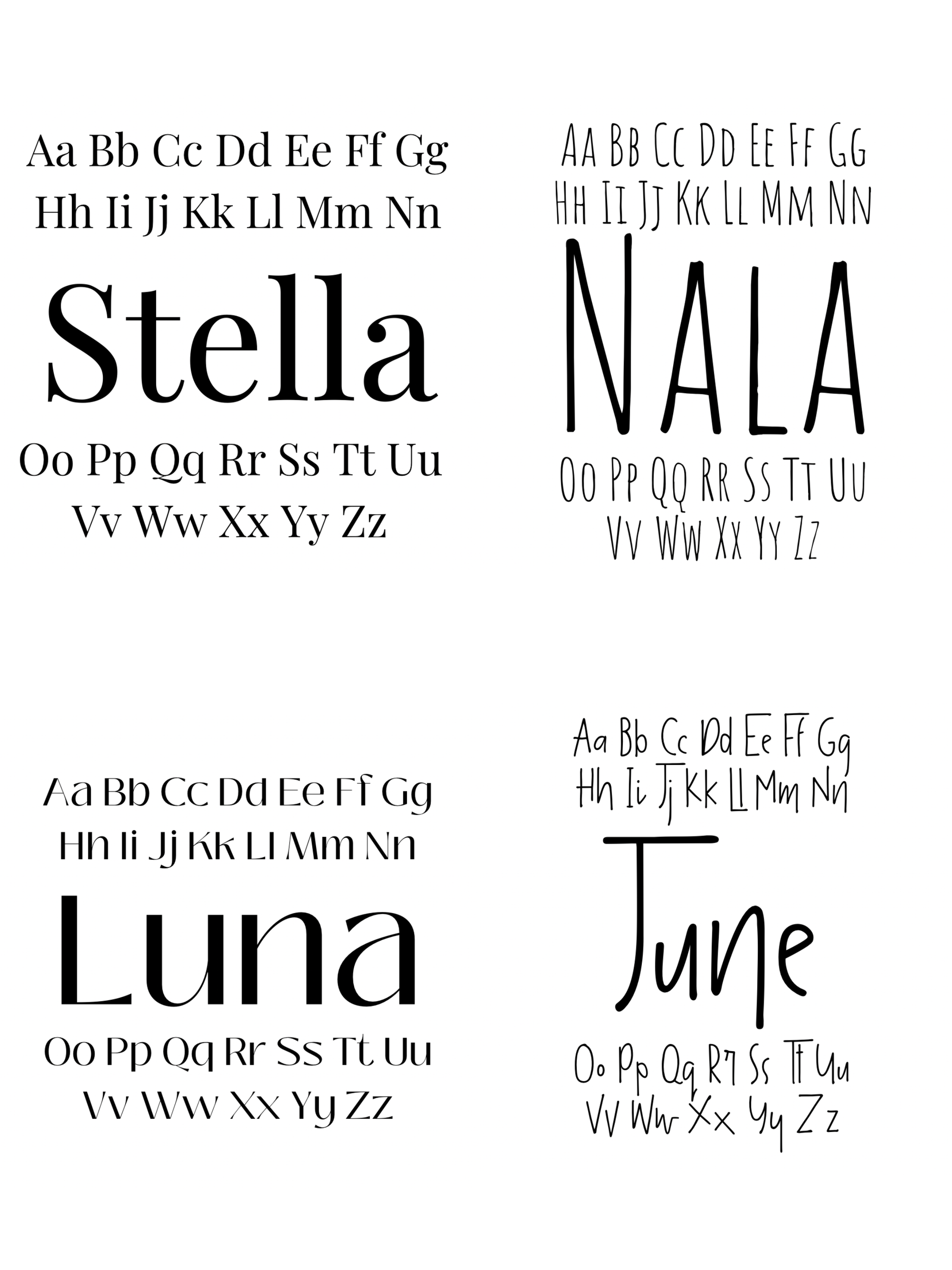 Übersicht der verfügbaren Schriftarten für personalisierte Hundehalsbänder, mit Beispielnamen Stella, Nala, Luna und June, individuell gravierbar auf Halsband oder Leine.