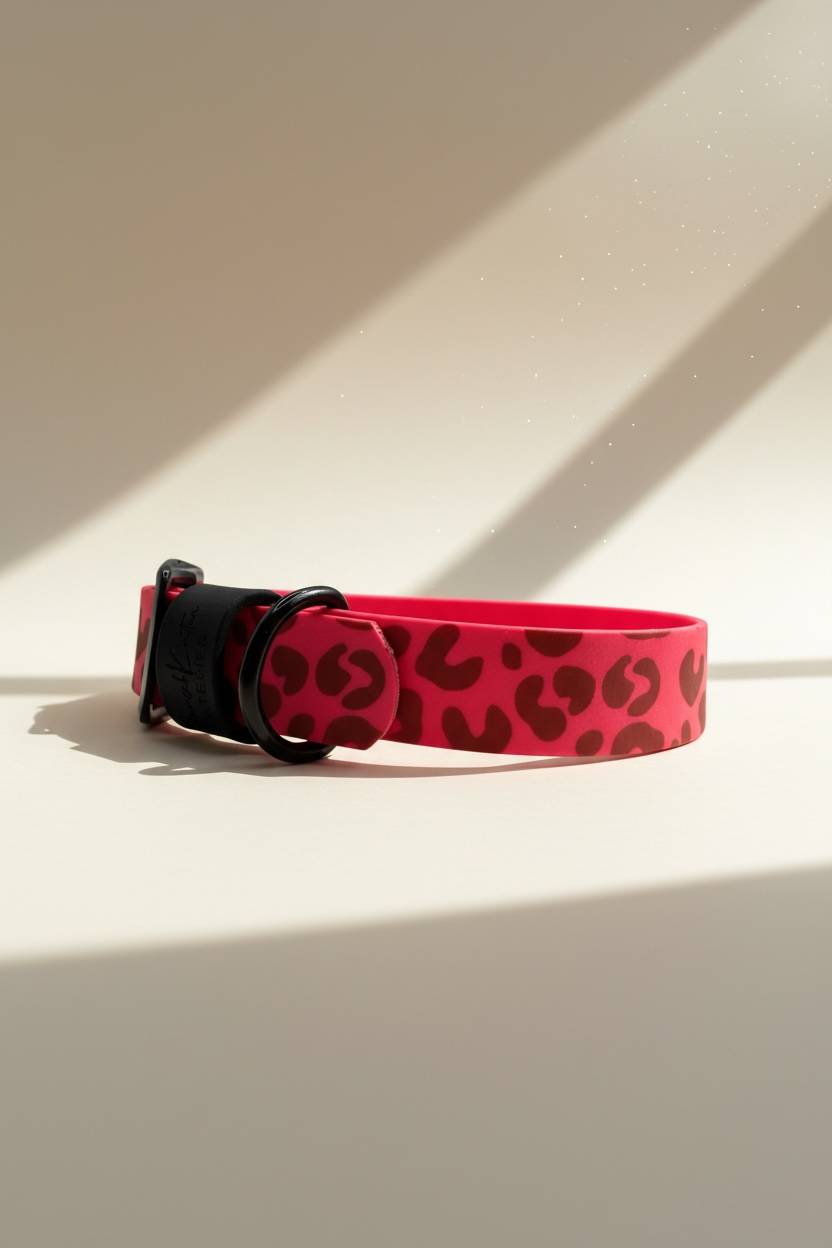Leo Wild Hundehalsband aus BioThane in Neonrosa, schräge Rückansicht, individuell wählbare Breite, anpassbare Farbe der Beschläge, Wunschknotenatelier Logo, personalisierbar mit Namensgravur, handgemachtes Designer Halsband für Hunde