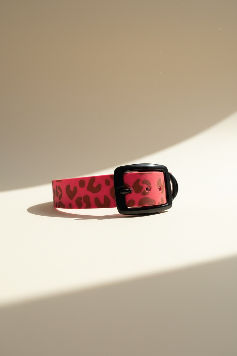 Leo Wild Hundehalsband aus BioThane in Neonrosa, schräge Ansicht, individuell wählbare Breite, anpassbare Farbe der Beschläge, Wunschknotenatelier Logo, personalisierbar mit Namensgravur, handgemachtes Designer Halsband für Hunde