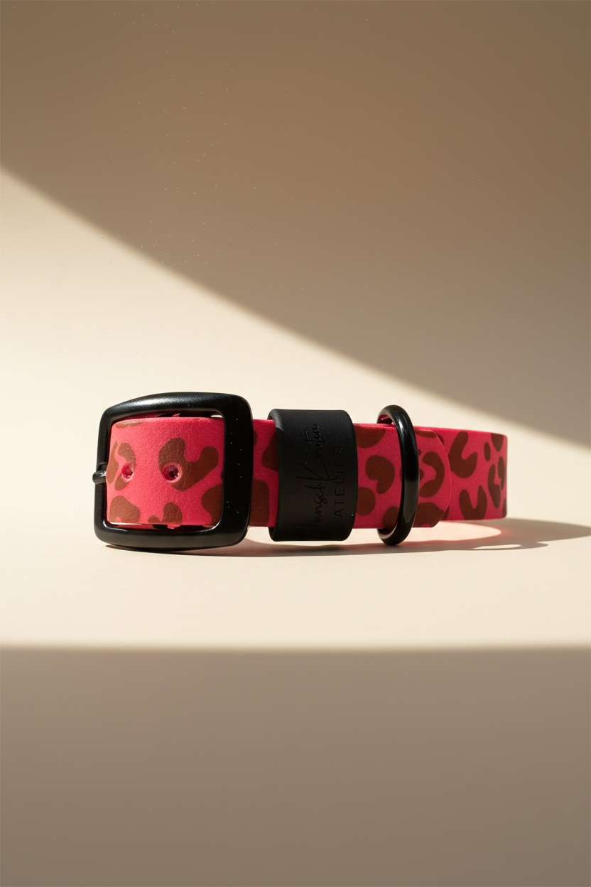 Leo Wild Hundehalsband aus BioThane in Neonrosa, Seitenansicht, individuell wählbare Breite, anpassbare Farbe der Beschläge, Wunschknotenatelier Logo, personalisierbar mit Namensgravur, handgemachtes Designer Halsband für Hunde