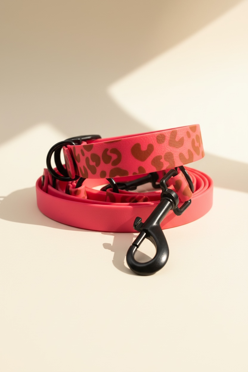 Leo Wild Hundehalsband und Hundeleine Set aus BioThane in Neonrosa, Rückansicht, individuell wählbare Breite, anpassbare Farbe der Beschläge, Wunschknotenatelier Logo, personalisierbar mit Namensgravur, handgemachtes Designer Set für Hunde