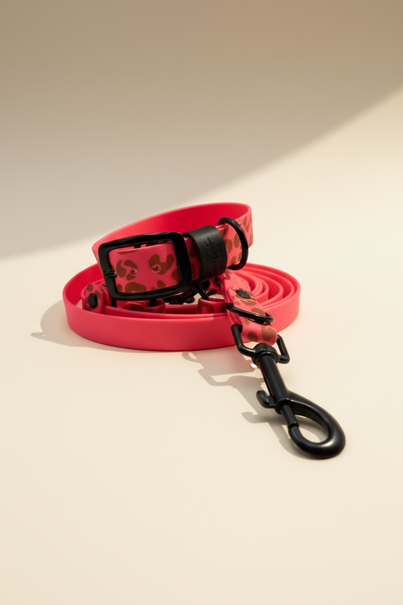 Leo Wild Hundehalsband und Hundeleine Set aus BioThane in Neonrosa, Vorderansicht, individuell wählbare Breite, anpassbare Farbe der Beschläge, Wunschknotenatelier Logo, personalisierbar mit Namensgravur, handgemachtes Designer Set für Hunde
