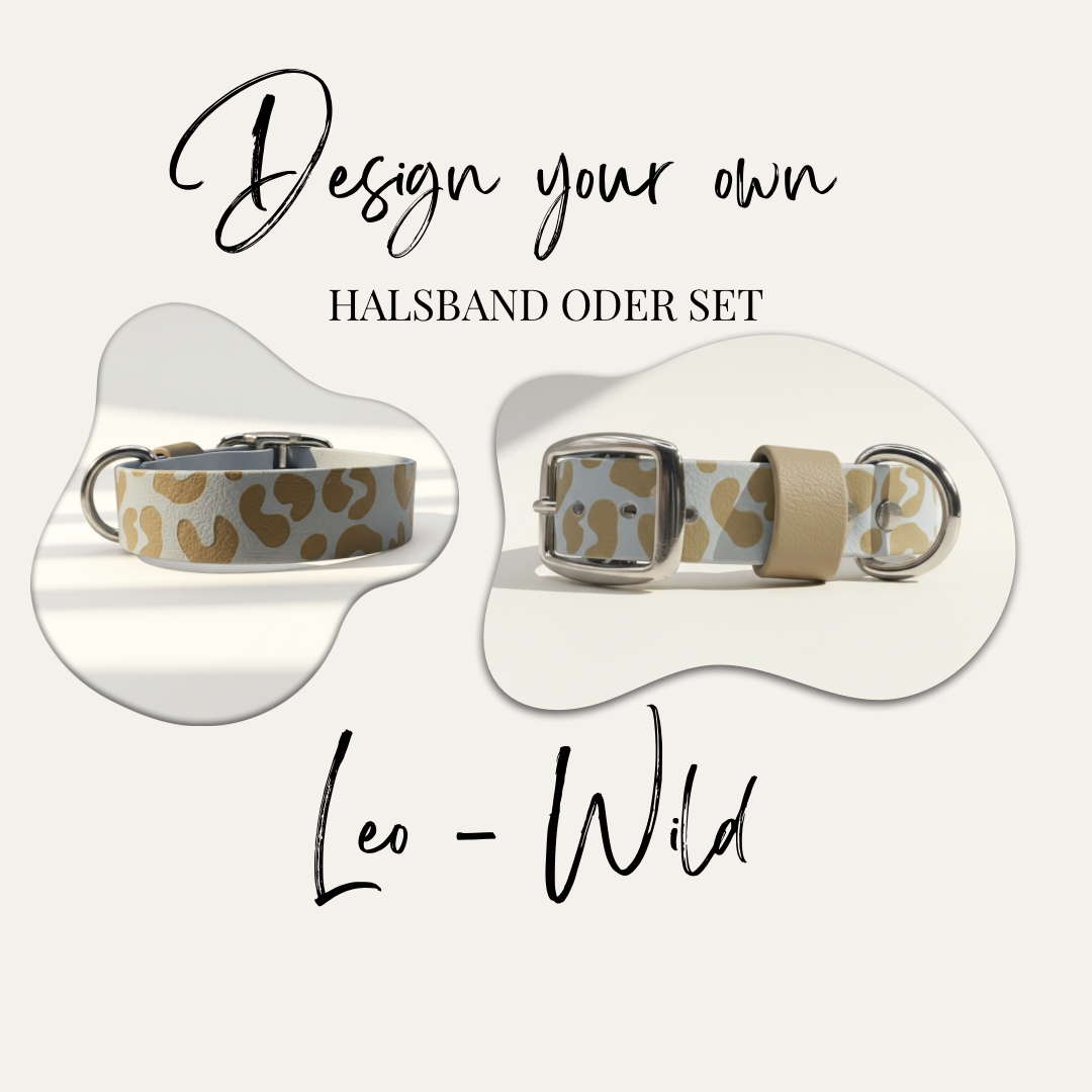 Titelbild des personalisierbaren Halsbands „Leo-Wild“ aus BioThane, komplett mit Leo-Muster graviert, Ansicht von vorne und hinten, individuell gestaltbar in Wunschfarbe.