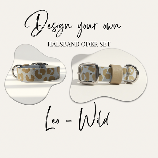 Titelbild des personalisierbaren Halsbands „Leo-Wild“ aus BioThane, komplett mit Leo-Muster graviert, Ansicht von vorne und hinten, individuell gestaltbar in Wunschfarbe.