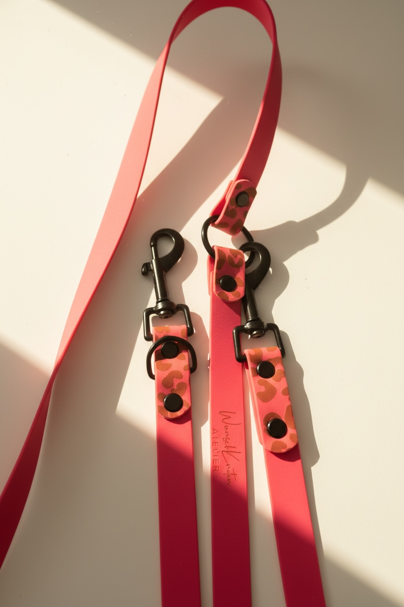 Leo Wild Hundeleine aus BioThane in Neonrosa, Detailaufnahme, individuell wählbare Breite, anpassbare Farbe der Beschläge, Wunschknotenatelier Logo, personalisierbar mit Namensgravur, handgemachte Designer Hundeleine für Hunde