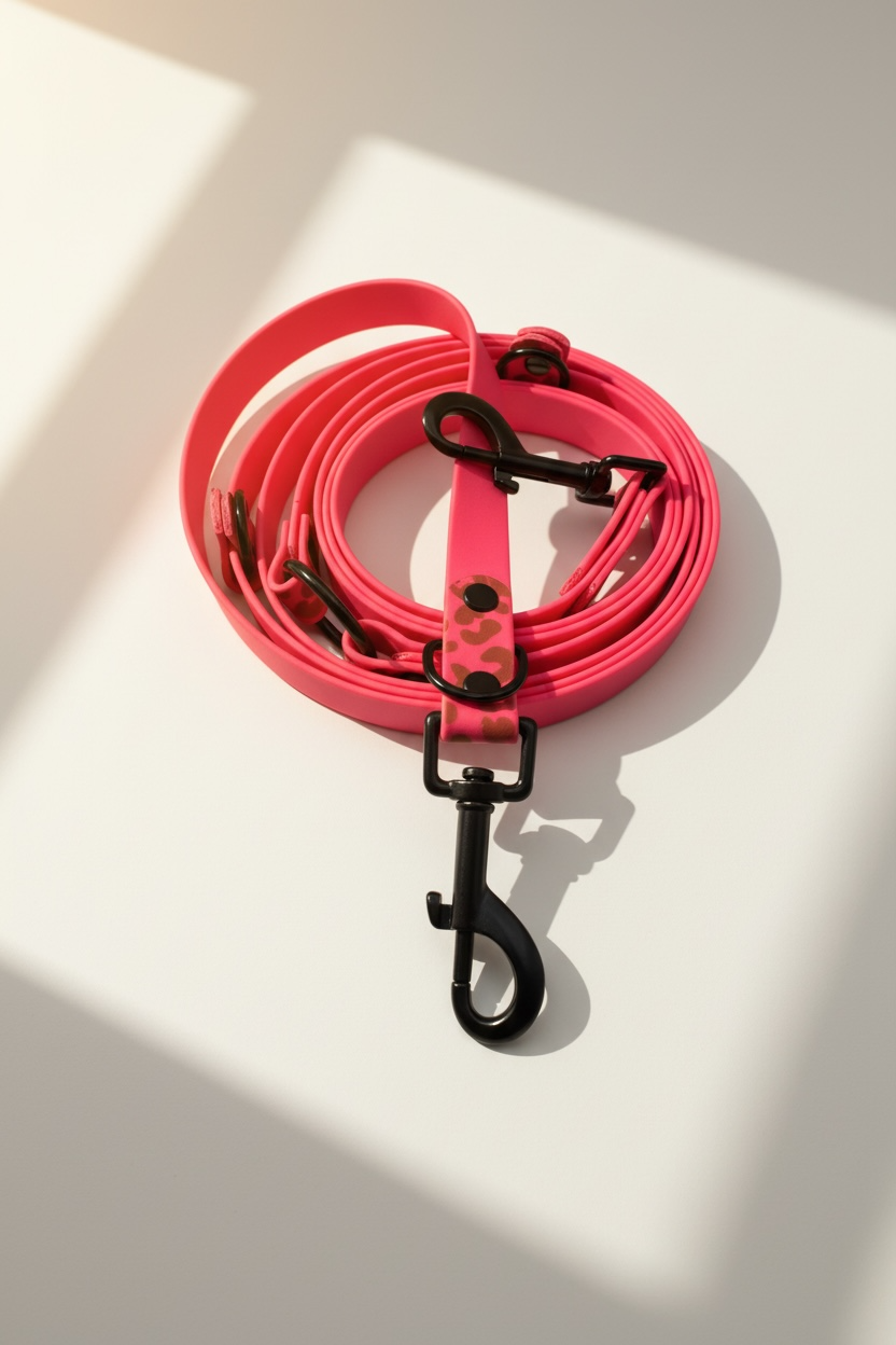 Leo Wild Hundeleine aus BioThane in Neonrosa, Draufsicht, individuell wählbare Breite, anpassbare Farbe der Beschläge, Wunschknotenatelier Logo, personalisierbar mit Namensgravur, handgemachte Designer Hundeleine für Hunde