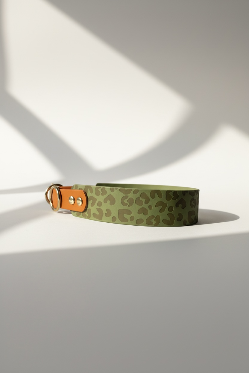 Leohalsband BioThane in grün und orange. Perfektes Sommerhalsband für deinen Hund. Breite und Größe wählbar, sowie die Farbe der Beschläge. Holy Guacamole x burned orange zugstopphalsband. 