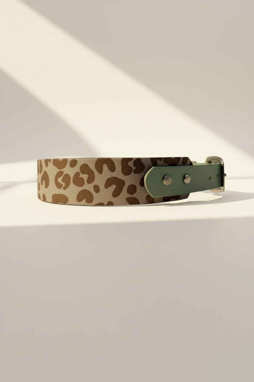 Leohalsband Leo Everyday – Hundehalsband aus BioThane Taupe mit Leo-Print, sagegrüner Verschluss, handgemacht, verstellbar mit Schnalle oder Zugstopp, stylisches Leo-Design für Hunde